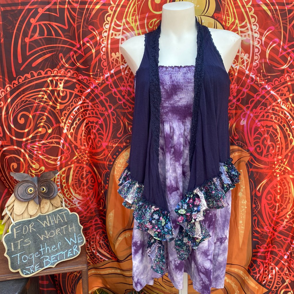 Guess Purple Tie-Dye Halter Dress/Skirt & Blue Boho Vest Set | Size S/M